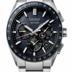 Seiko Astron GPS Solar luxury titanium watch with GPS satellite time adjustment and solar-powered movement.