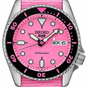 Seiko 5 Sports Pink Panther watch with bold pink-inspired sporty design