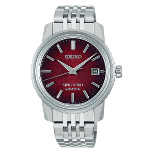 King Seiko SJE103 luxury automatic watch with red gradient patterned dial and stainless steel bracelet.