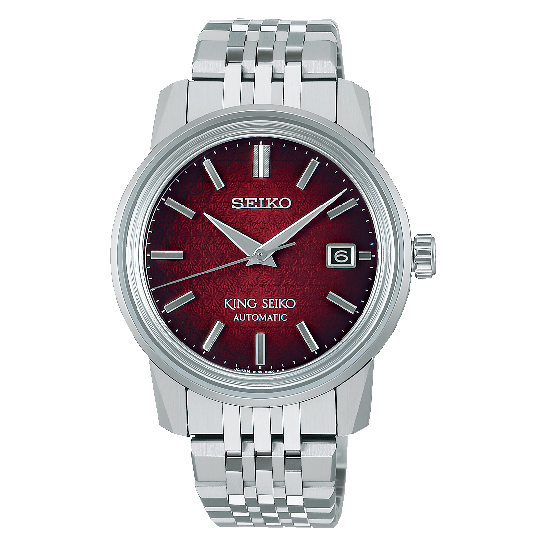 King Seiko SJE103 Red Dial Automatic Watch King Seiko SJE103 luxury automatic watch with red gradient patterned dial and stainless steel bracelet.