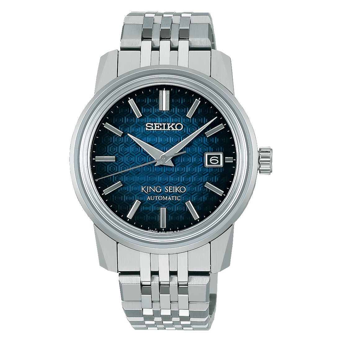 King Seiko SJE105 Blue Dial Automatic Watch King Seiko SJE105 automatic watch featuring a deep blue Kameido patterned dial and stainless steel bracelet.