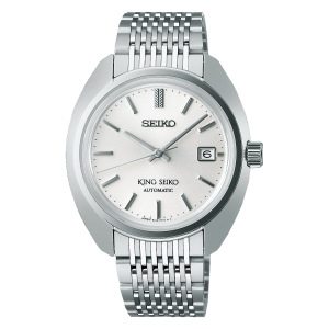 King Seiko SJE109 automatic silver dial men's watch with stainless steel bracelet.