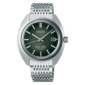 King Seiko SJE113 automatic forest green dial men's luxury watch with stainless steel bracelet.