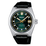 King Seiko SLA095 automatic green dial luxury men's watch with black leather strap.