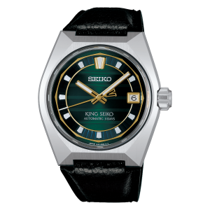 King Seiko SLA095 automatic green dial luxury men's watch with black leather strap.